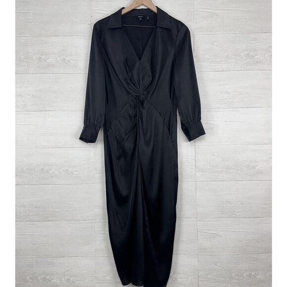 Theory Womens Black Satin Sheath Dress Size 8 Twist-Front Long-Sleeve V Neck - Picture 2 of 16
